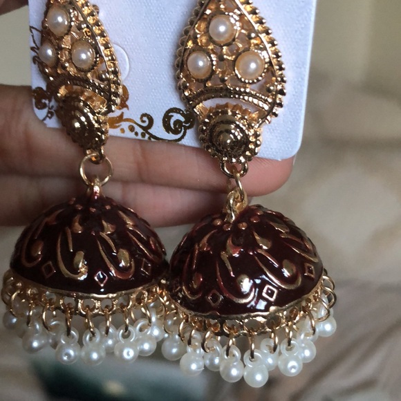 2 for $15 - Maroon Jhumka Earrings - Picture 2 of 3